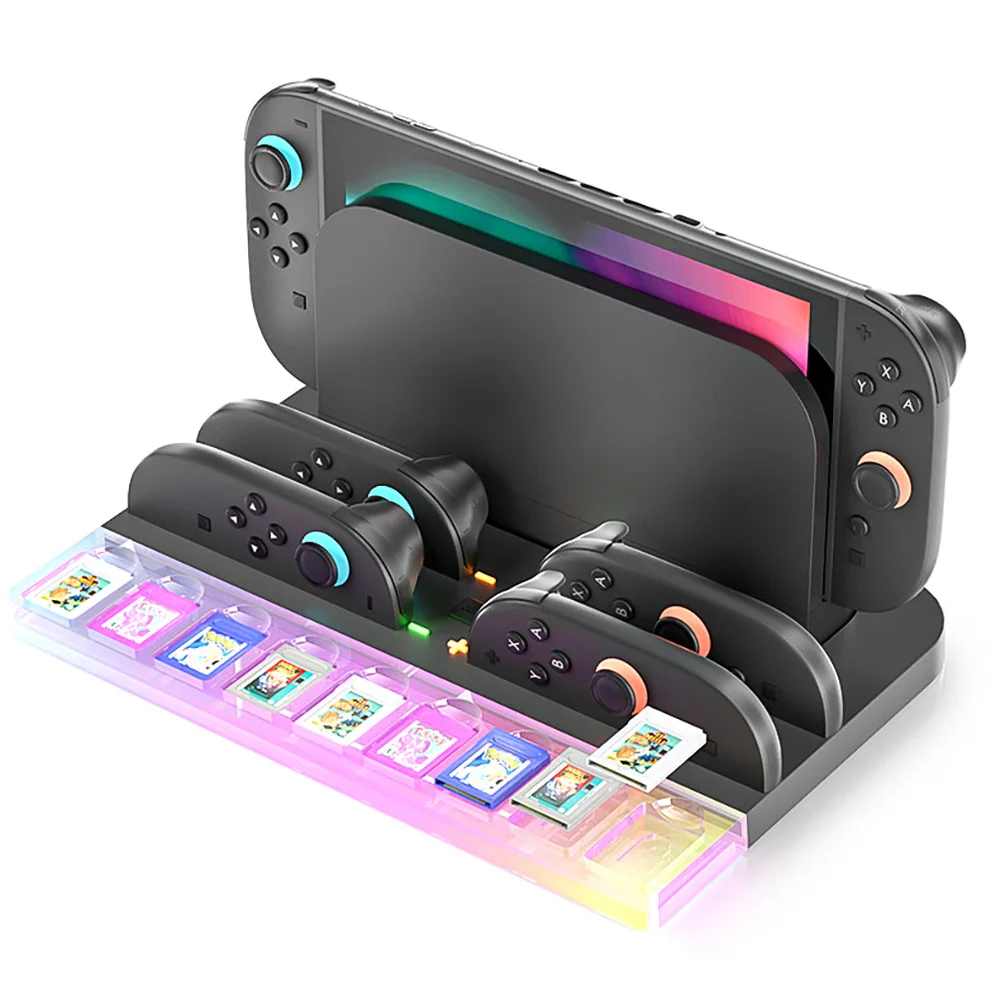 

Зарядная док-станция для хранения переключателей, 2 контроллера Joycon с 9 слотами для игровых карт, универсальная подставка для хранения, органайзер с подсветкой