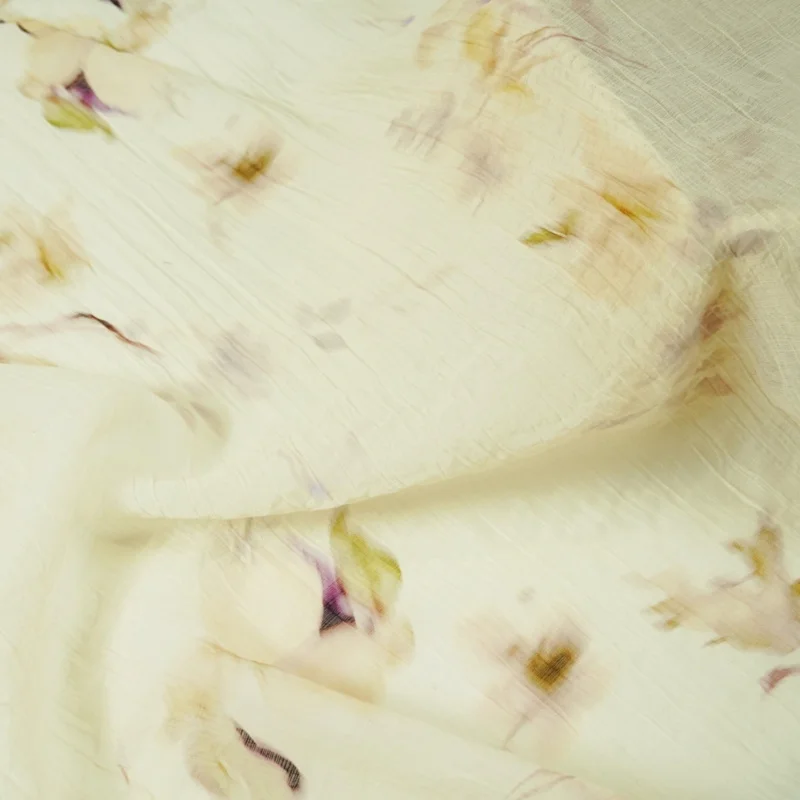 Soft semi-transparent pink, purple, and yellow gradient vertical stripe pleated Tencel linen fabric for shirts and skirtsB view 4