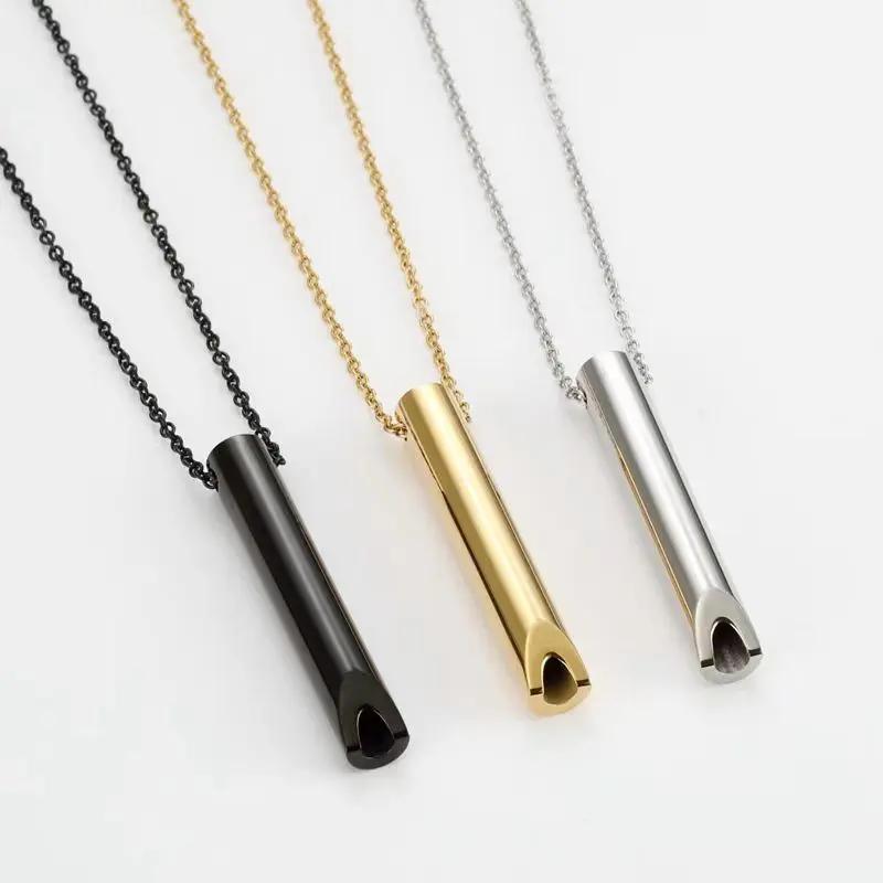 10pcs 0.8*5cm New Style Can Carve Whistle Mindfulness,  Pressure Relief, Anxiety Yoga Stainless Steel Pendant Necklace Jewelry A