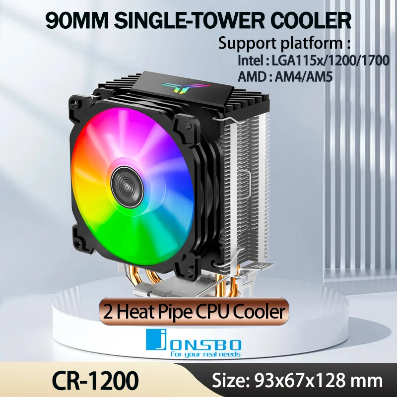 

Jonsbo CR1200 Кулер для процессора 2 тепловых трубки Tower RGB Красочный световой эффект 9 см Вентилятор Радиатор ПК для LGA115X 1200 1700 AM4 AM5