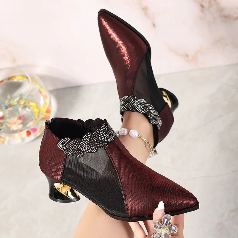 Wine Red Paneled Pointed Toe Booties Niche Show Tall Women's Sandals