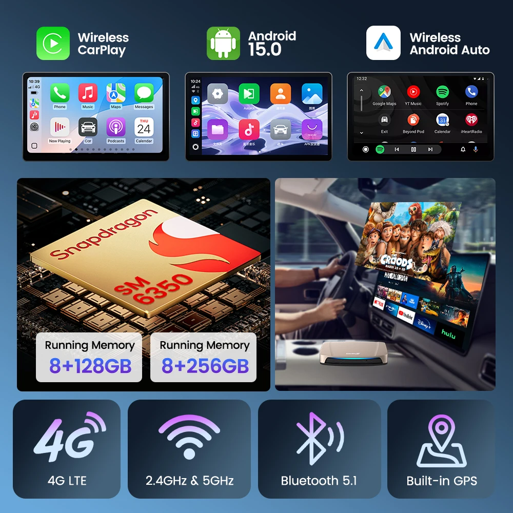 256G Carlinkit Android Auto Wireless Adapter CarPlay Tv Box Android 15 Ultra CarPlay Ai Box GPS QCM6350 For Youtube Netflix IPTV