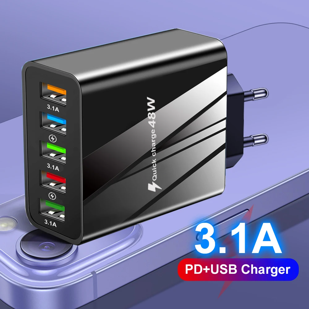 48W USB Charger Fast Charge QC 3.0 Wall Charger Adapter For iPhone 14 13 Samsung Xiaomi Mobile Phone Charger 5 Ports EU US Plug