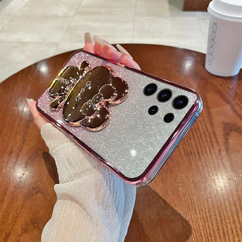 

for Samsung Galaxy S25 Ultra Plus 5G Folding Rabbit Makeup Mirror Holder Phone Case for Samsung S25 Plus Ultra Shockproof Cover