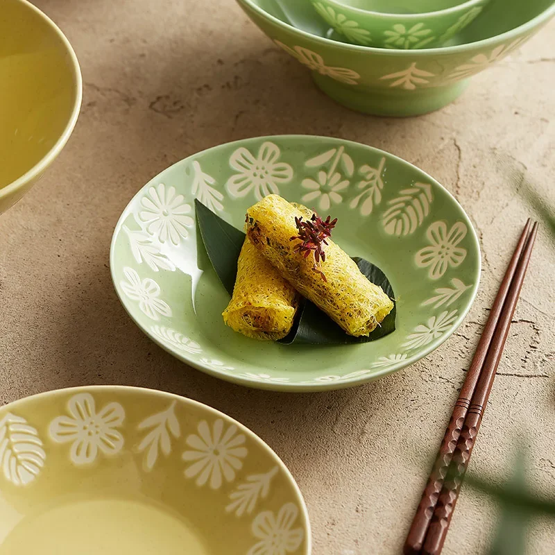 Small Forest Ceramic Bowl Set Household Soup Bowl Embossed Plate High Value Rice Bowl Tableware Set