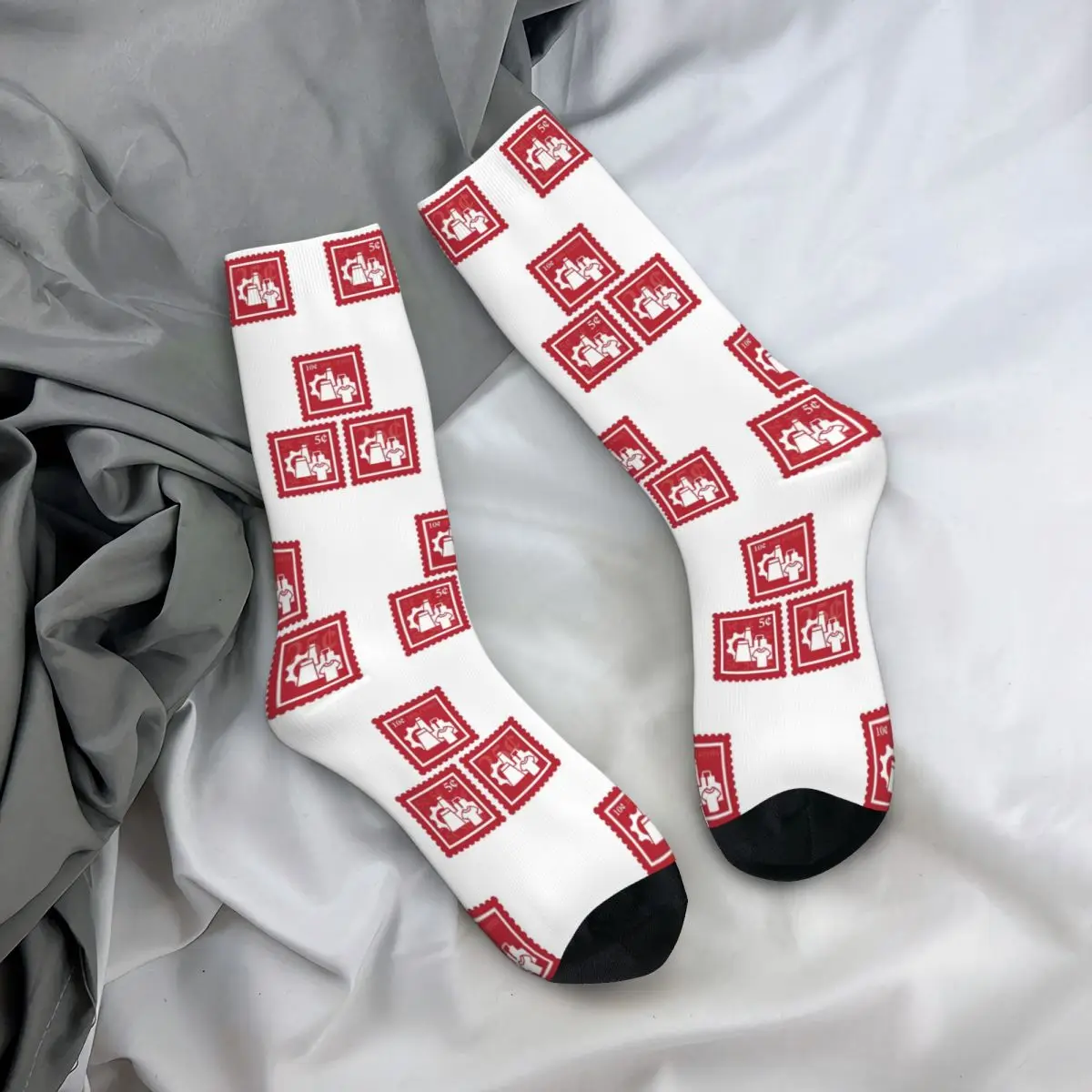 Textile Engineering Cherry Red & White Stamps Socks Harajuku Stockings All Season Long Socks for Unisex Christmas Gifts