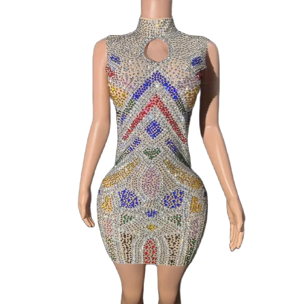 Sexy Luxury Sparkly Colorful Diamonds  Backless Mini Dress Evening Party Nightclub Performance Costume Singer Dancer Stage Wear