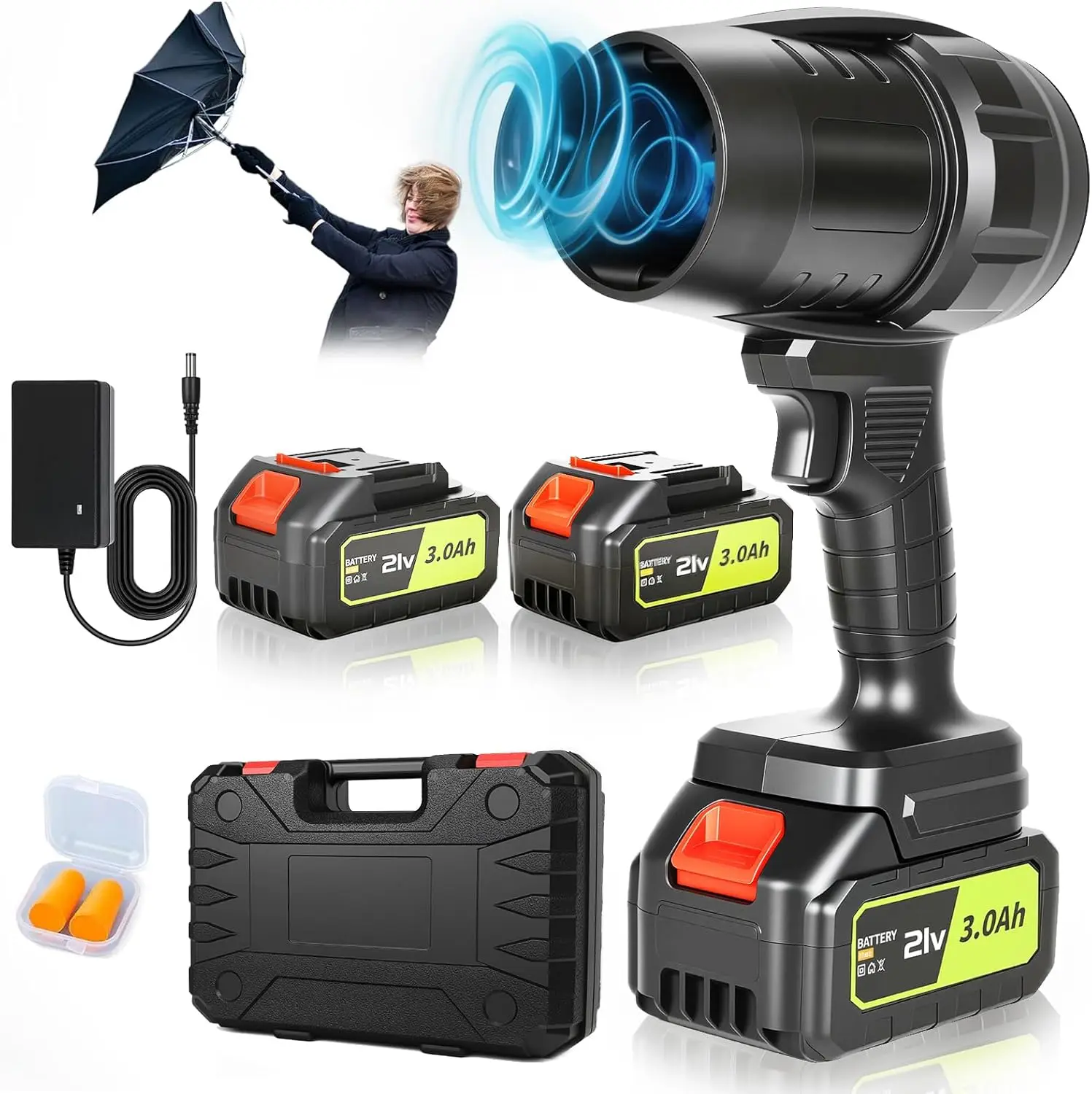 

100,000 RPM Cordless Leaf Blower, 2×3.0Ah Batteries & Fast Charger, Handheld Turbo Jet for Lawn, Snow, Yard & Car Drying