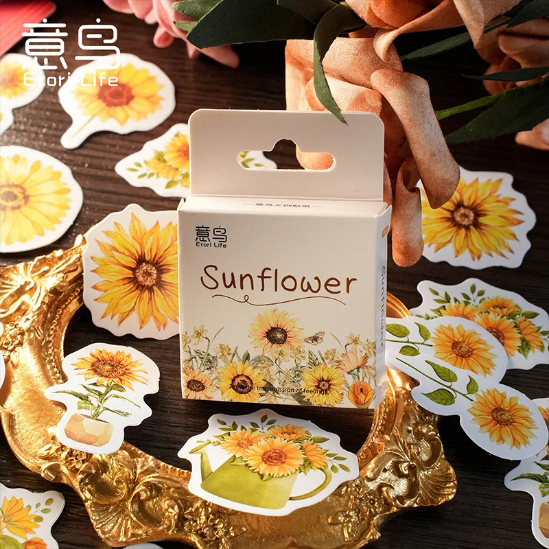 45 Pcs/box Yellow Sunflower Green Leaf Stickers Vintage Flower Decals For Journal Crafts Envelopes Planner Scrapbooking