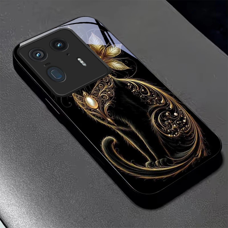 Luxury Jeweled Cat Black Glass Phone Case For Motorola Moto Edge 70 60 Fusion 50 Ultra 40 Neo 30 Pro 20Lite 60s Neo Black Cover view 5