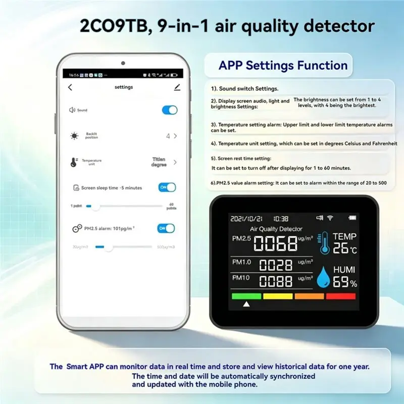 HLZS-Tuya Smart WIFI Air Quality Detector 9 In 1, Indoor PM2.5 PM10 Temp Humidity Tester Monitor For Home Room