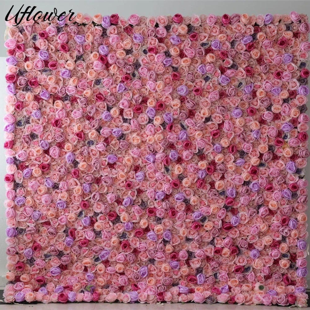 

Uflower Pink Purple Rose Cloth Artificial Flower Wall Roll Up Curtain Fabric Floral Wall Birthday Party Wedding Backdrop Decor