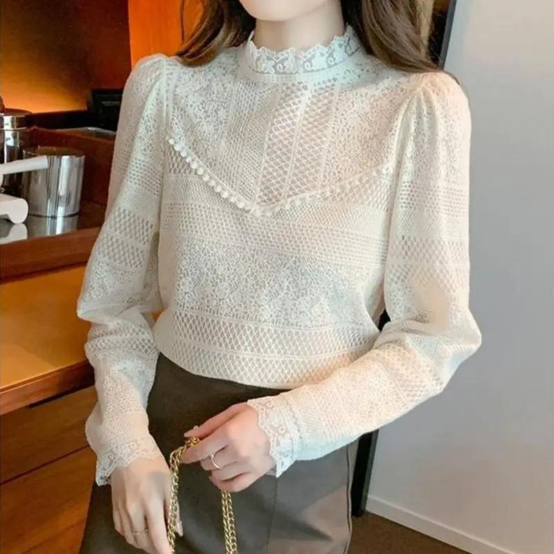 Half High Collar Lace Undershirt Women\'s Autumn New Fashion Versatile Chiffon Shirt Top with Inner Layer Small Shirt