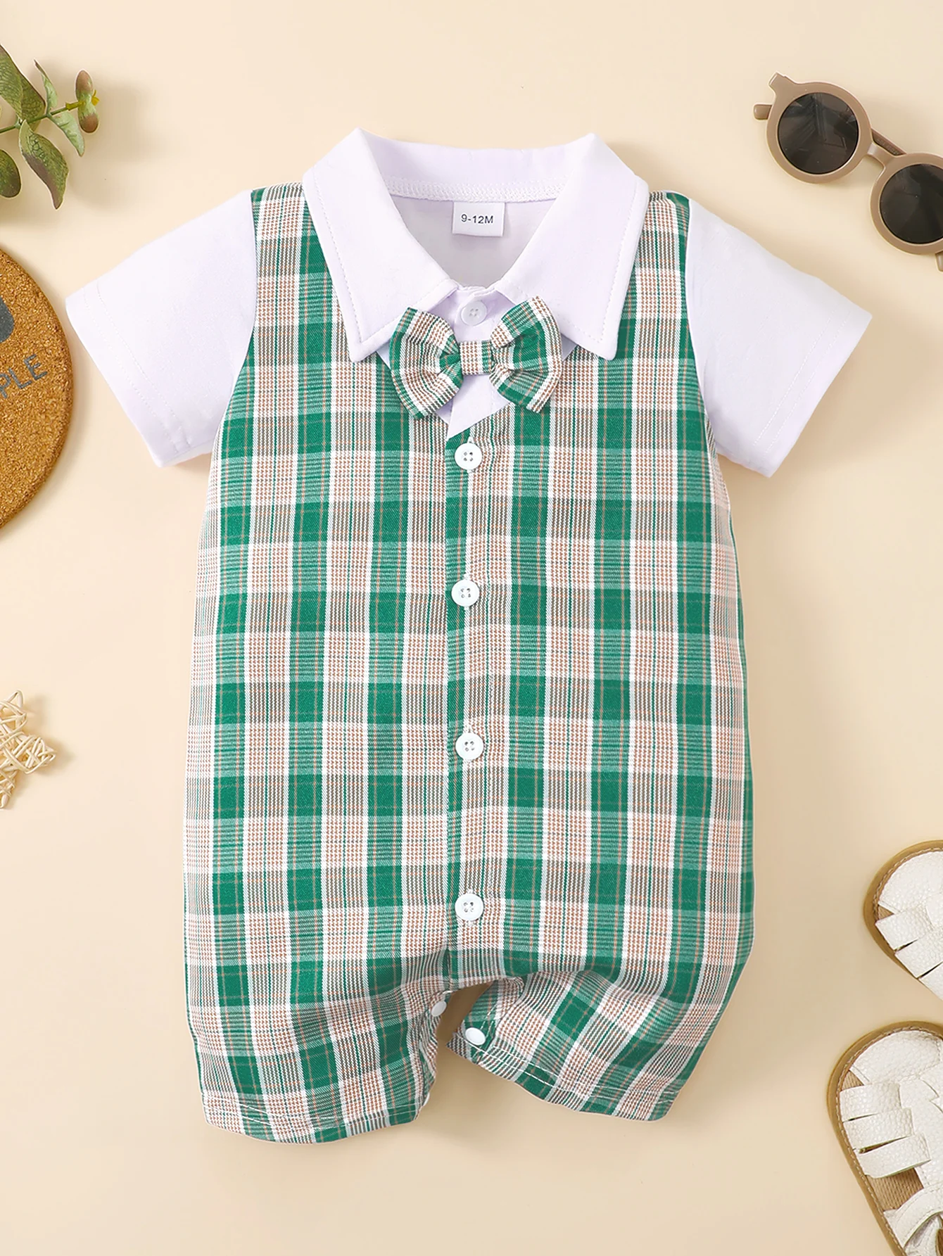 

Winter 0-1 Years Old Infant Baby Boys Lapel Checkered Short Sleeved Jumpsuit