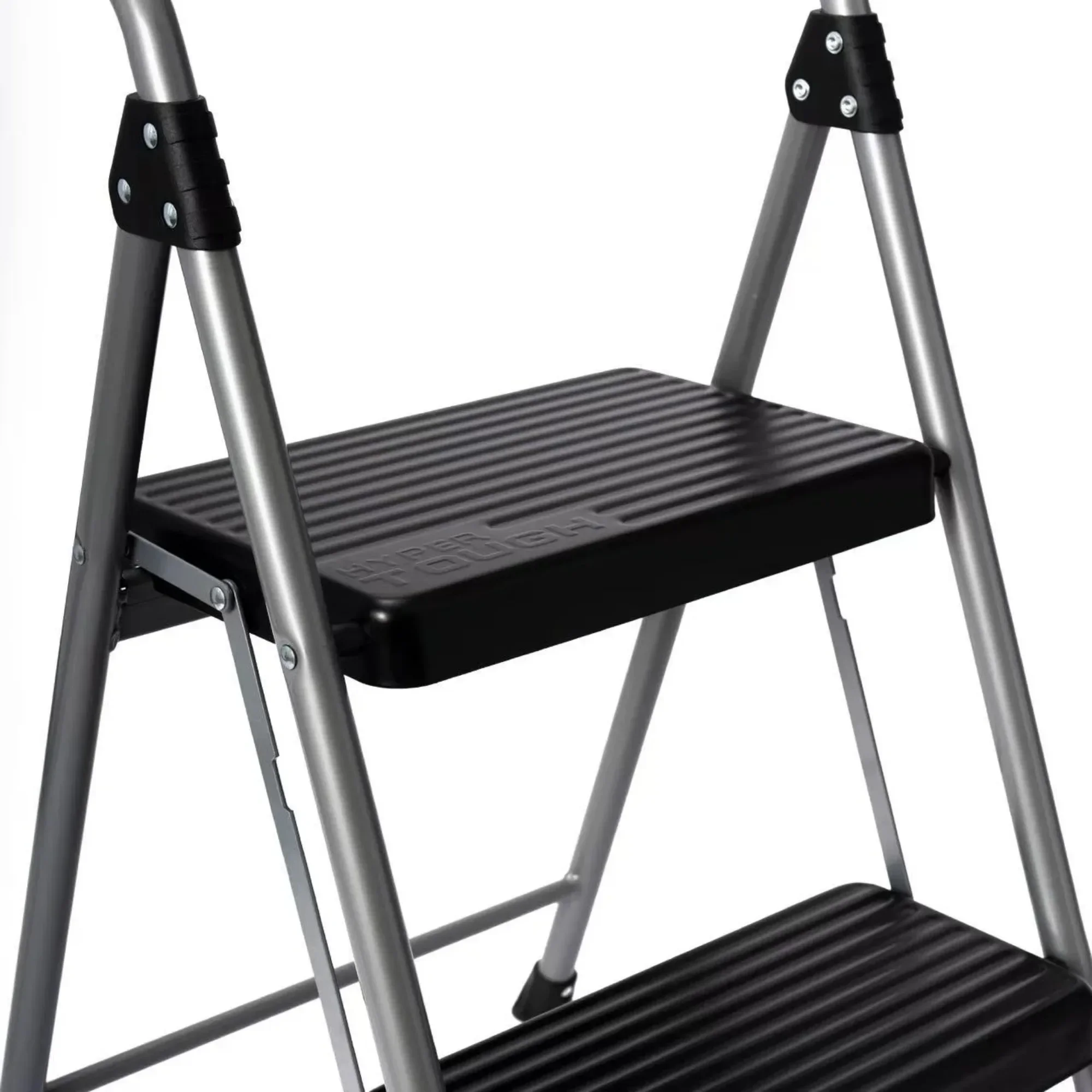 Gray and black two-step steel large platform and folding step stool - easy to fold and store