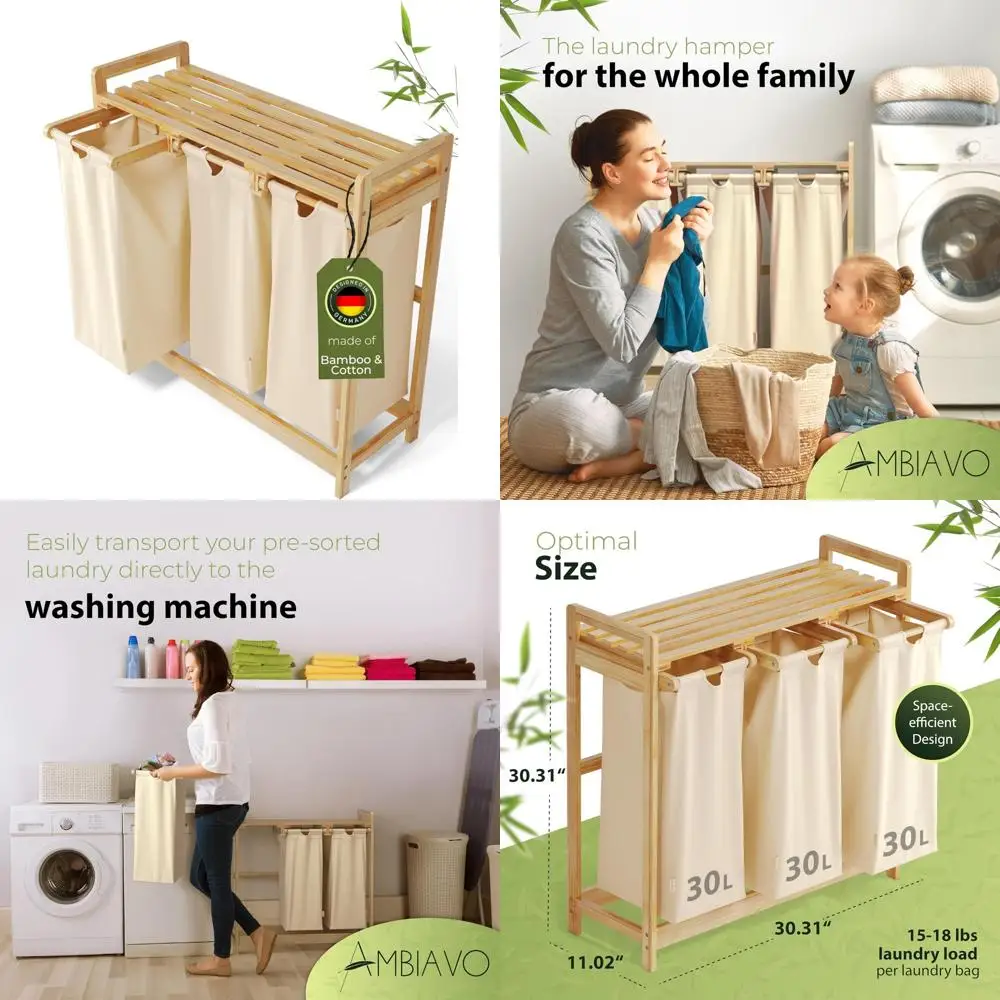 

Laundry Hamper 3 Section beige - Large Bamboo Laundry Sorter with Removable Cotton Bags -Three Compartment Organizer for Clothes