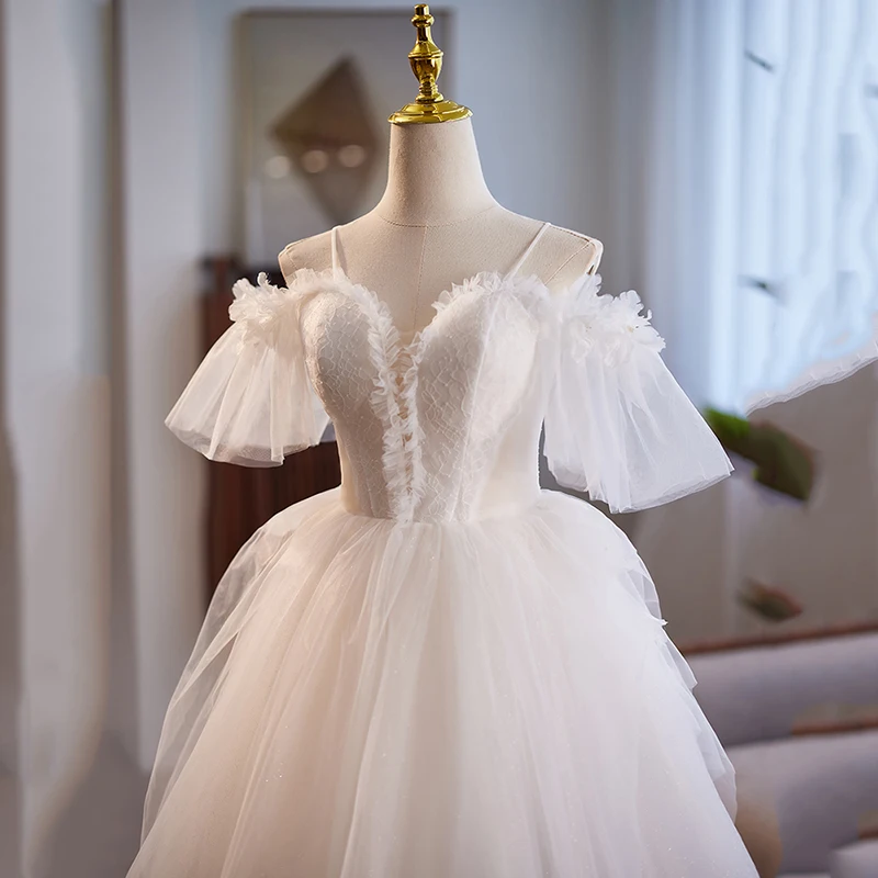 AnXin SH princesa flor blanca encaje correa de espagueti volantes manga corta con cordones vestido de noche personalizado pequeño vestido blanco