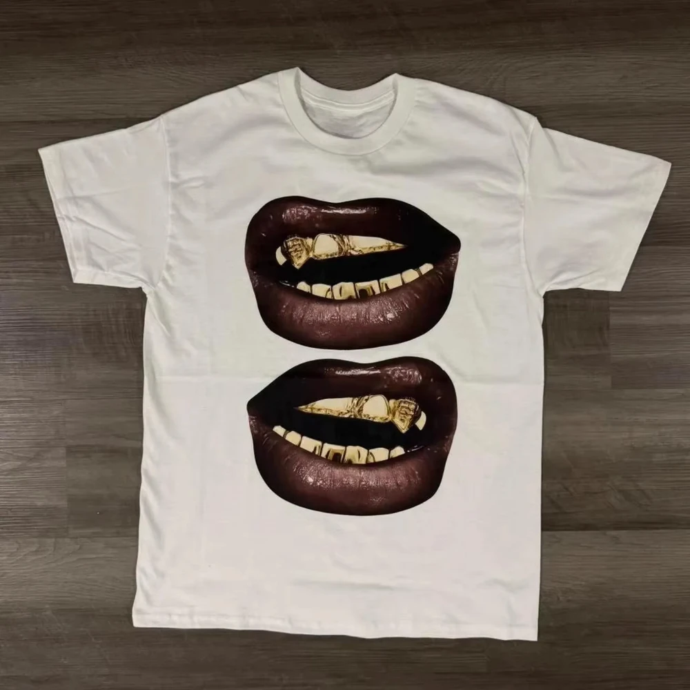 Golden Braces Lip Pattern T-shirt, Street Style Lip and Tooth Design Printed Short Sleeved T-shirt for Casual Daily Street Wear