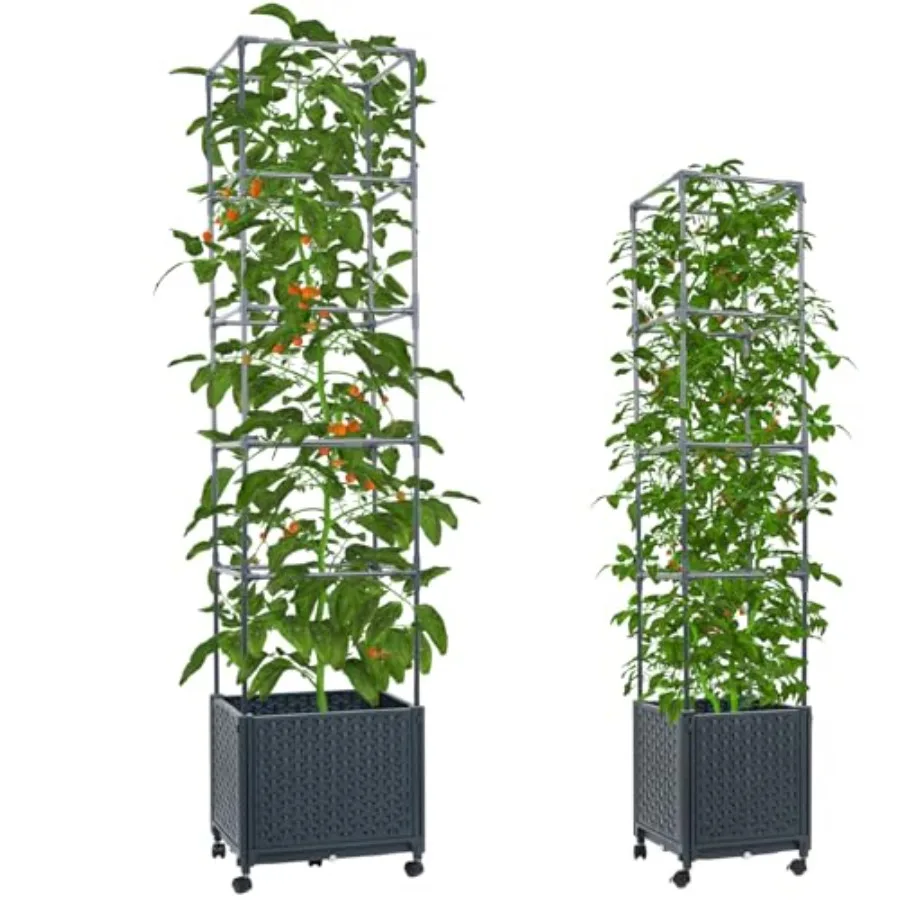 Raised Garden Bed with Tomato Cage 56.7 and 67.6'' Self Watering Tomato Planter Boxes with Trellis Wheels for Outdoor Climbing