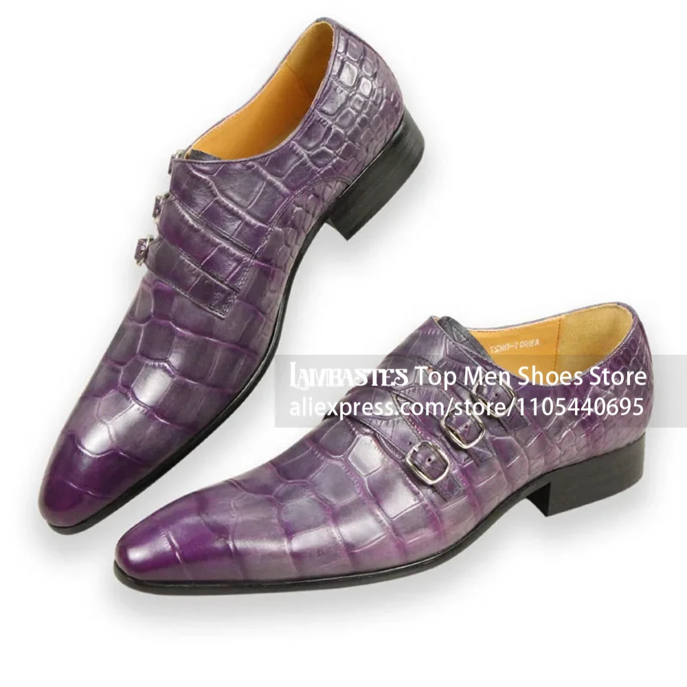 Purple Crocodile Embossed Monk Shoes Gradient Croc Skin Three Buckle Formal Leather Shoes Luxury Style Business Wedding Footwear