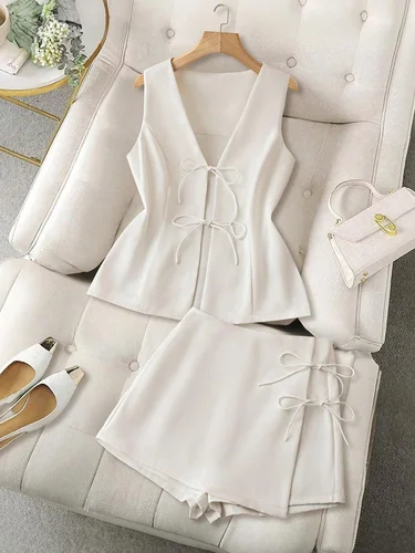 Conjunto de dos piezas para mujer, diseño de chaqueta estilo empresarial, top sin mangas + pantalones cortos, moda casual para uso diario