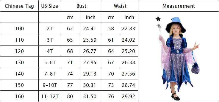 Allerheiligen Kinder Dunkelblaues Stern-Tüll-Hexenkostüm 4-teiliges Set Kleid+Zauberhut+Zauberstab-Tasche Mädchen Halloween Cosplay Outfit – Detail 1