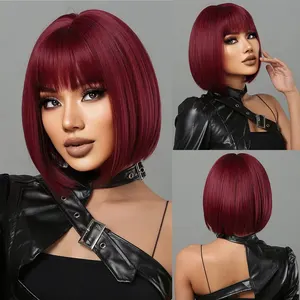 Vinho curto vermelho Bob perucas para mulheres Borgonha Bob perucas com Franja grossa peruca sintética resistente ao calor 10 principais vendas wig com franja vermelha - №4
