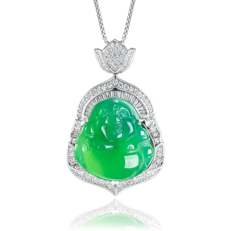 

Genuine natural green agate emperor bigbellied Buddha copper silver-plated pendant smiling Buddha women's necklace fashion model