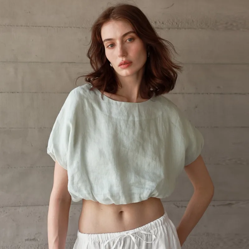 French 100% Ramie Crop Tops Women Summer Short Sleeve O-neck High Street Casual Fashion Chic Elegant Office Lady Basic T-shirts