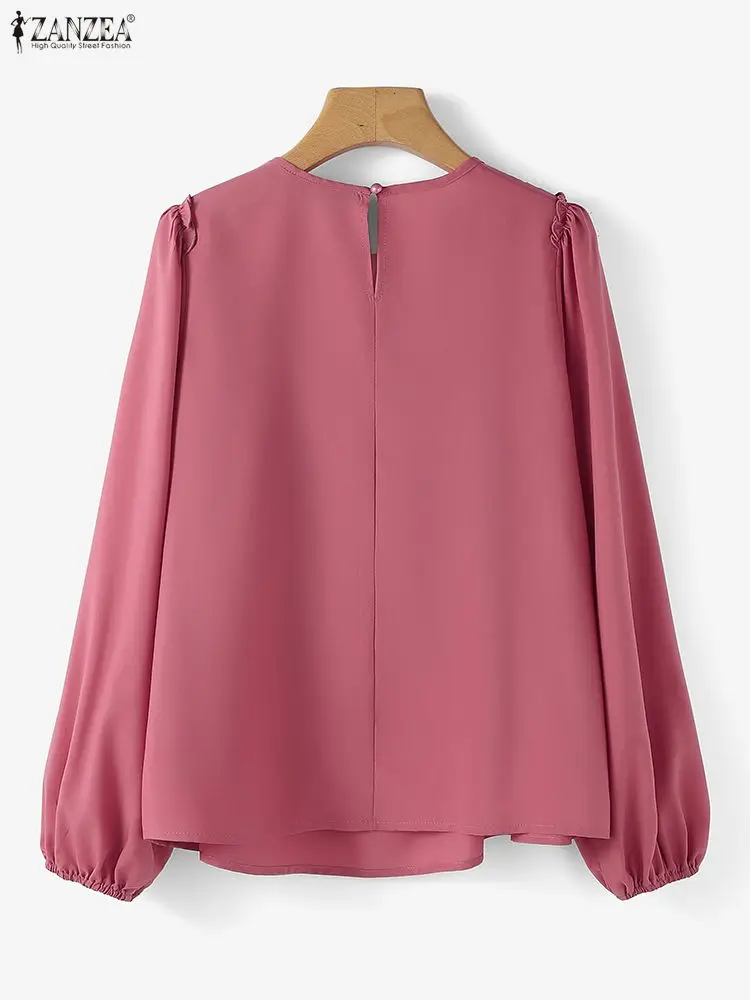 ZANZEA Camicie moda Donna Manica lanterna Camicette solide Manica lunga Increspato Autunno Top Chiffon Elegante Ufficio Casual Blusas