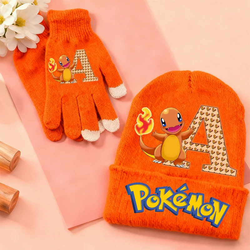 

Charmander Children Knitted Hat Gloves Cute Pokemons Cartoon Letter Warm Cap Screen Gloved Kids Boys Birthday Gifts 2PCS A Set