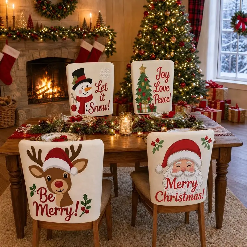 VIKAMA Christmas Chair Cover Santa Reindeer Snowman Slipcover For Dining Room Kitchen Festive Party Home Decor