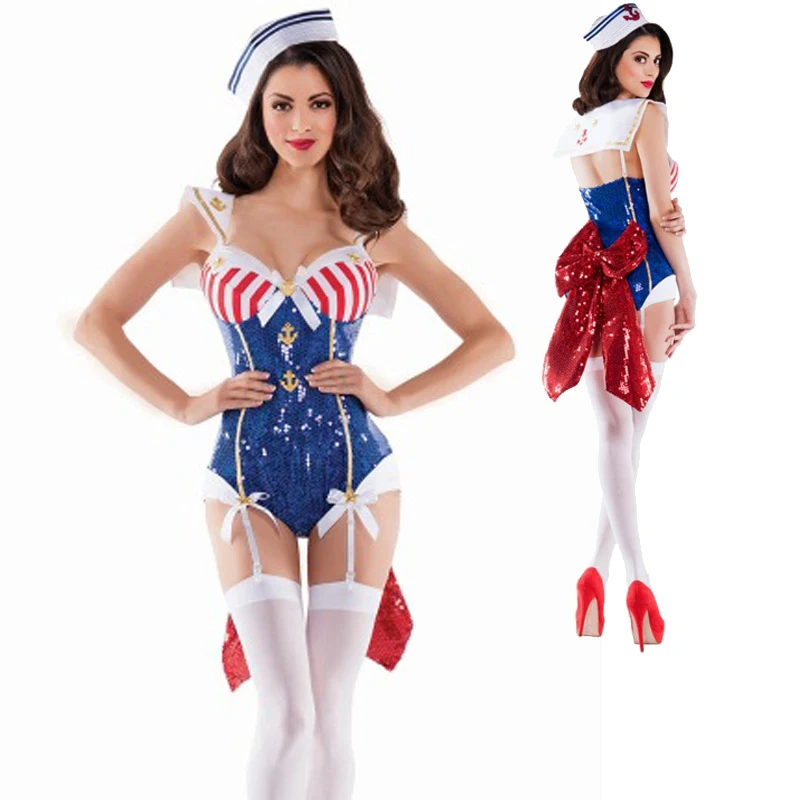 Karnawał granatowy mundurek marynarski kostium Slim Hottie jednoczęściowy Backless Pin-Up dziewczyna Cosplay impreza z okazji Halloween przebranie