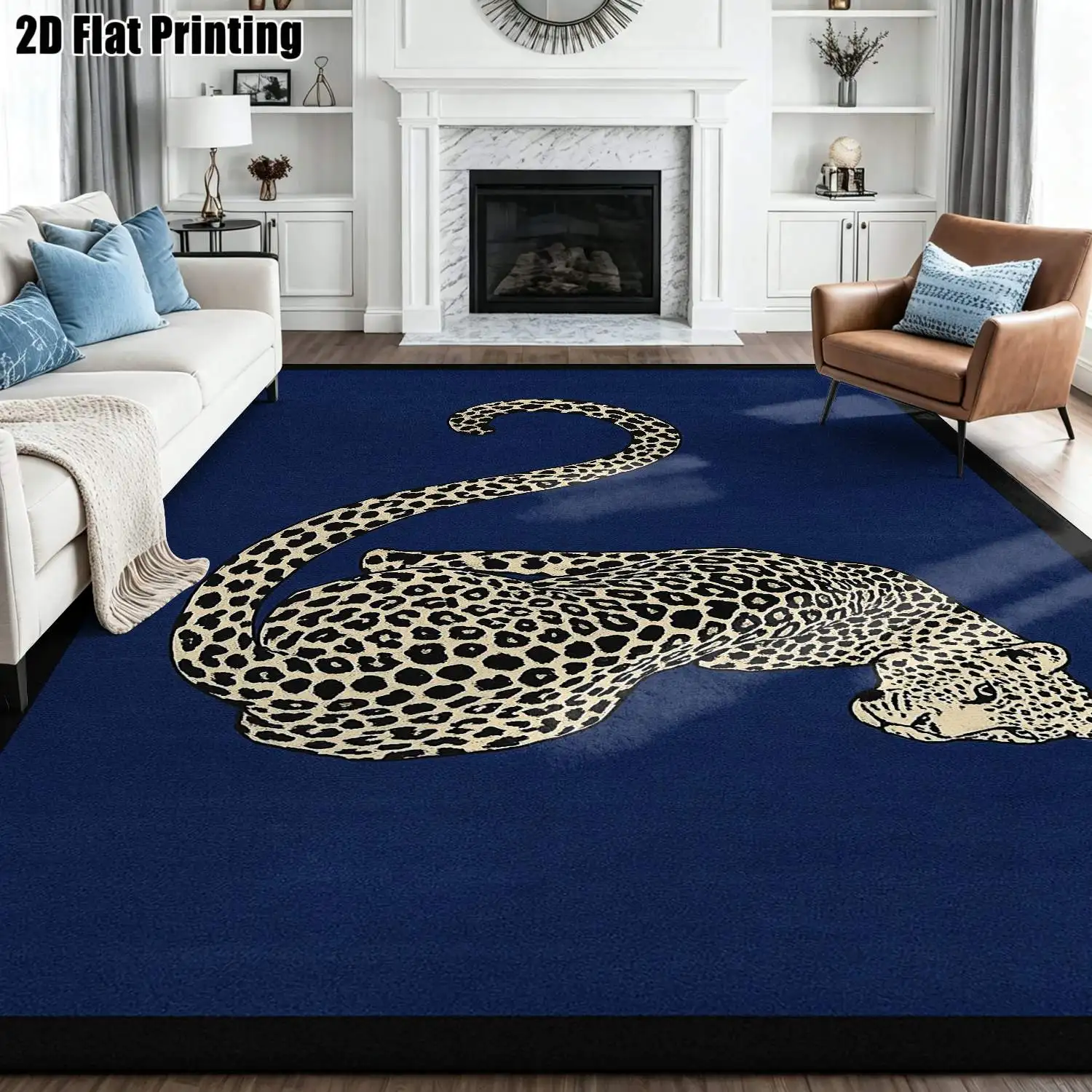 1Pc 2D Printed Dark Blue Leopard Pattern Carpet: Nordic/Instagram/Modern Minimalist/European/Vintage Style, Home Decor, Multi-Size, Machine Washable, Suitable for Entrance, Dining, Foyer, Bedroom, Living Room
