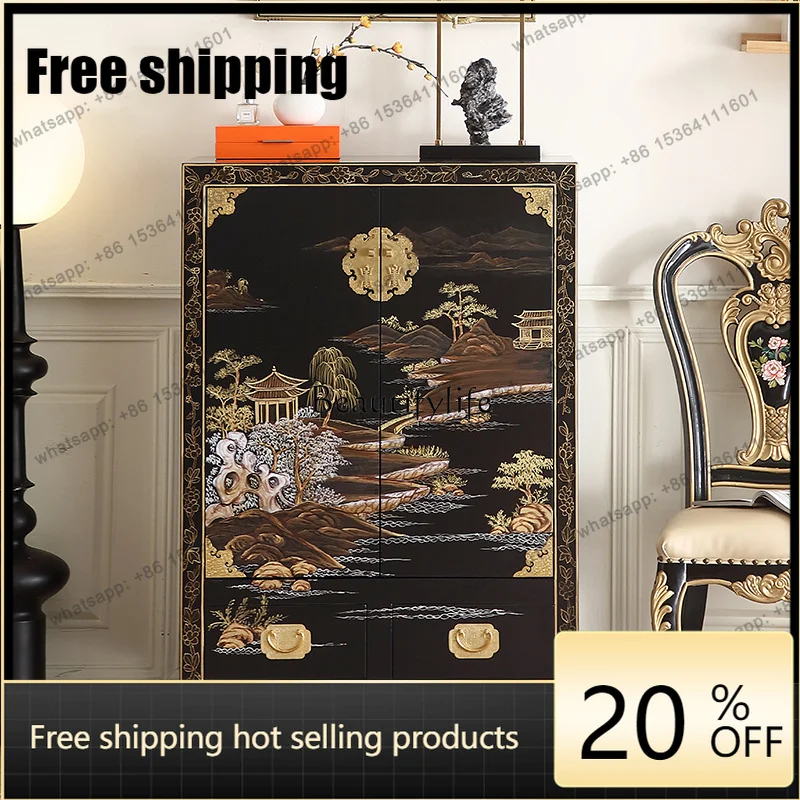 jj5 New Chinese Ming And Qing Classical Solid Wood Black Gold Painting Integrated Foyer Entrance Shoe Cabinet