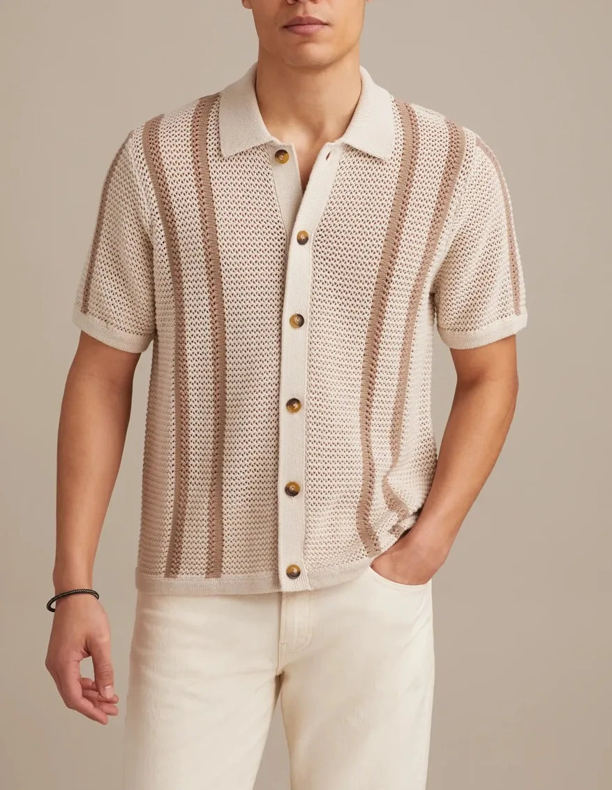 2026 Men's Casual Hollow Knitted Polo Shirt Men's Top Cardigan