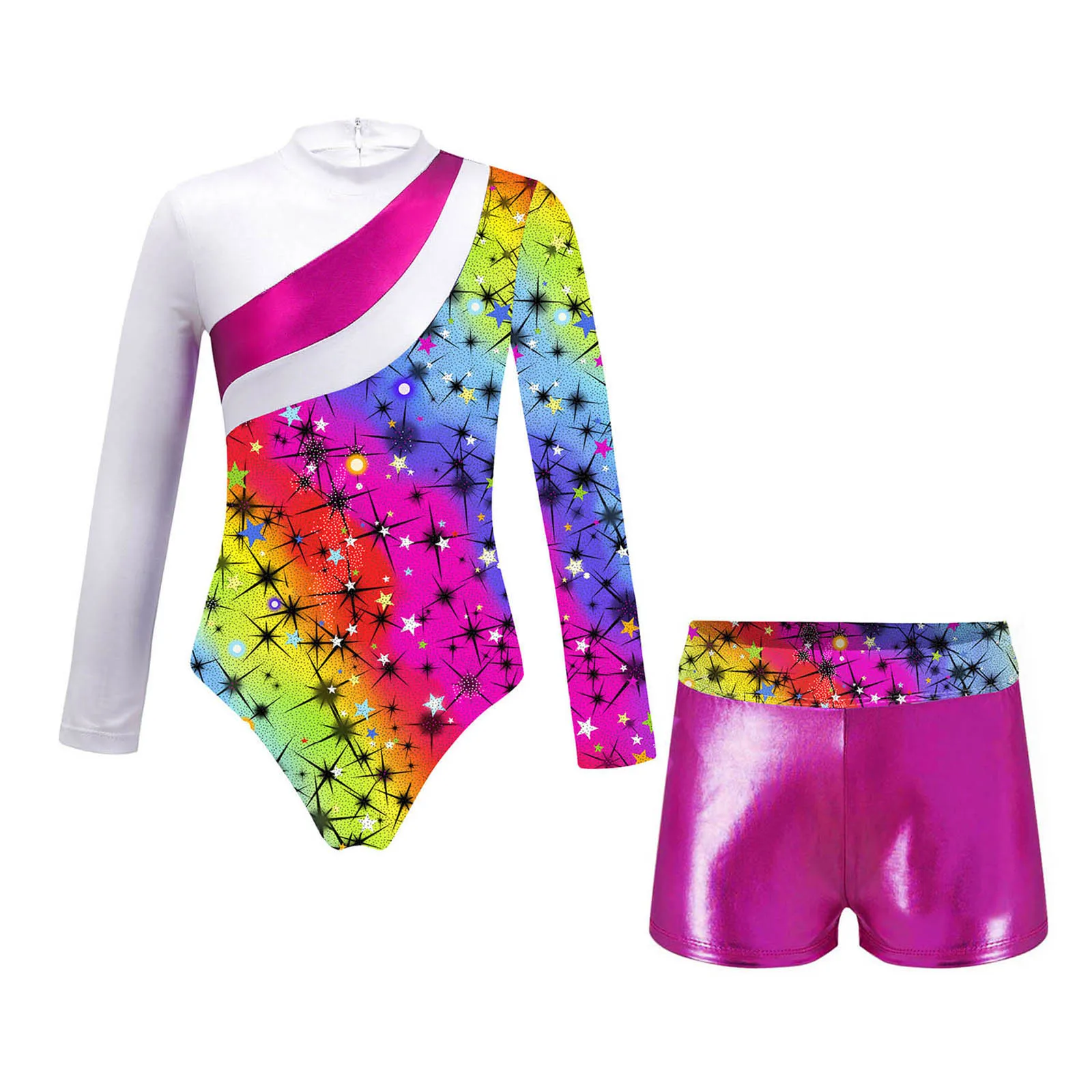 Kids Ballet Dance Outfit Printed Patchwork Gymnastics Leotard with Shorts Sets Skating Bodysuit for Girls Dancing Competition