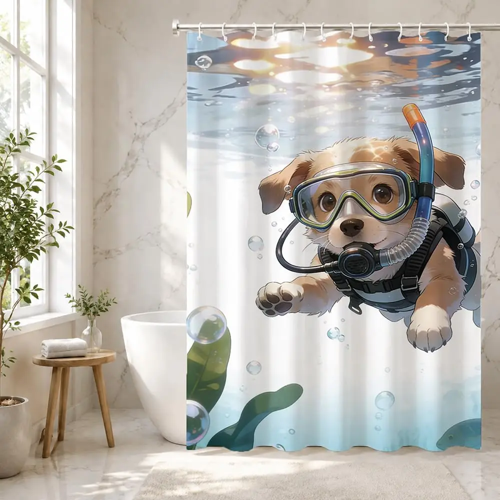 Funny Scuba Diving Dog Shower Curtain, Cute Puppy Underwater Swimming Bath Decor, Summer Pet Art, Waterproof Polyester Fabric