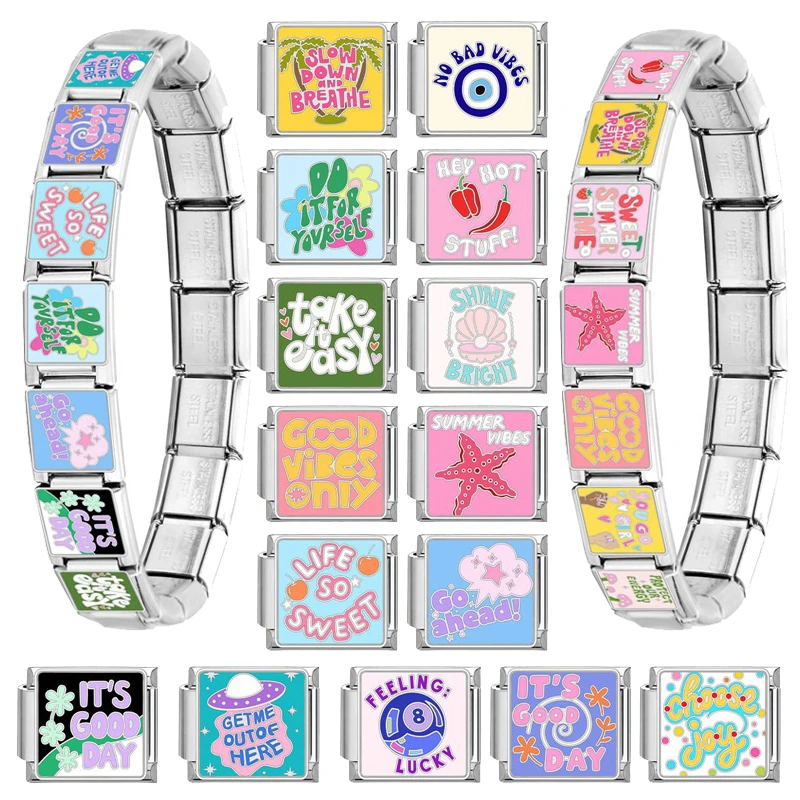 2025 New Popular Fashion Life So Sweet Good Day Be Mine Hot Stuff Charm Link Fit 9mm Stainless Steel Bracelet Making DIY Jewelry