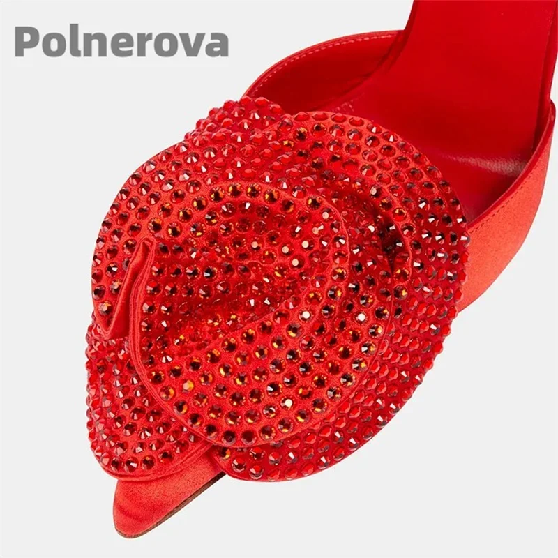 حجر الراين الزهور الأحمر الساتان الصنادل النساء Slingback سوبر عالية الكعب أحذية الزفاف أشار تو جوفاء أحذية نسائية صيف جديد #3