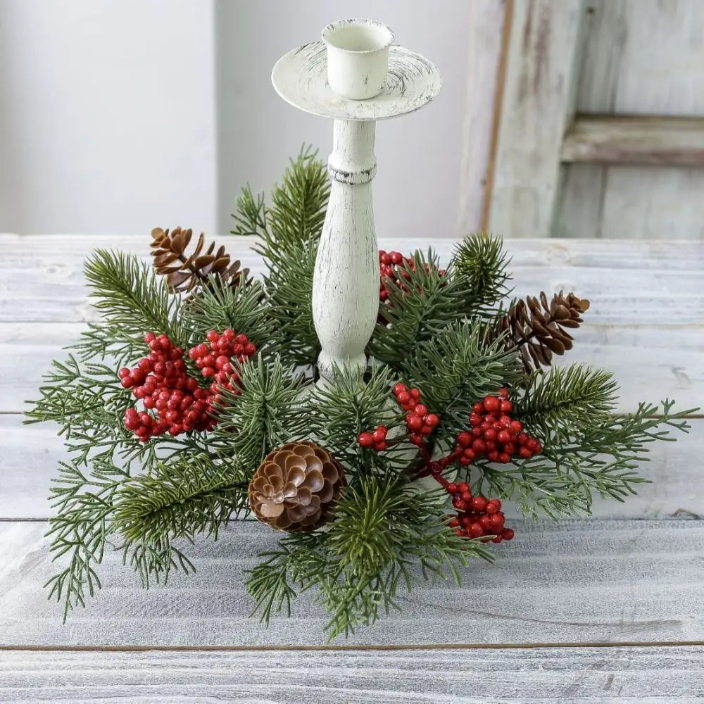 Artificial Flower Candle Wreath 25CM Red Fruit Candle Rings Pine Needle Romantic Candlestick Wreath Christmas Decor