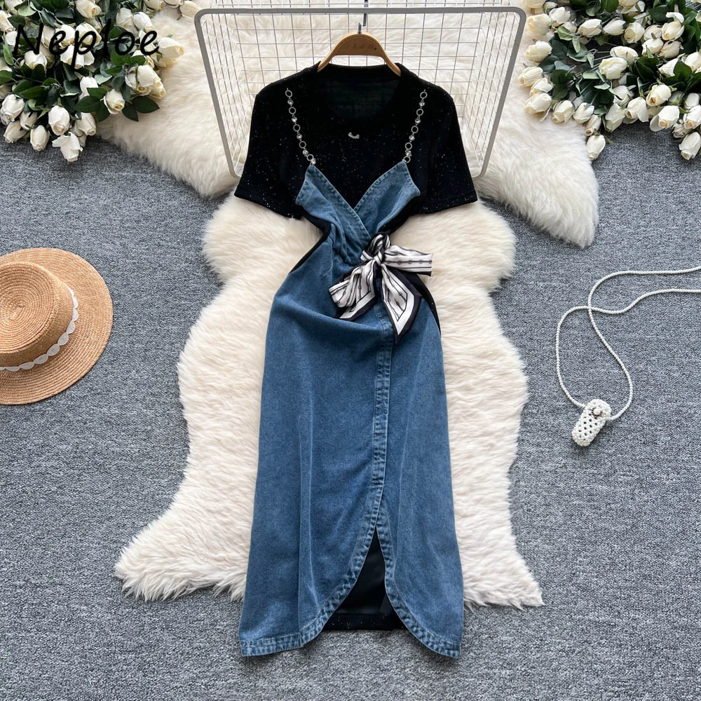 

Neploe Korea Light Luxury Fake Two Pieces Trendy Dress Hot Fix Summer Patchwork Denim Ropa Mujer Small Fellow Slim Waist Robe