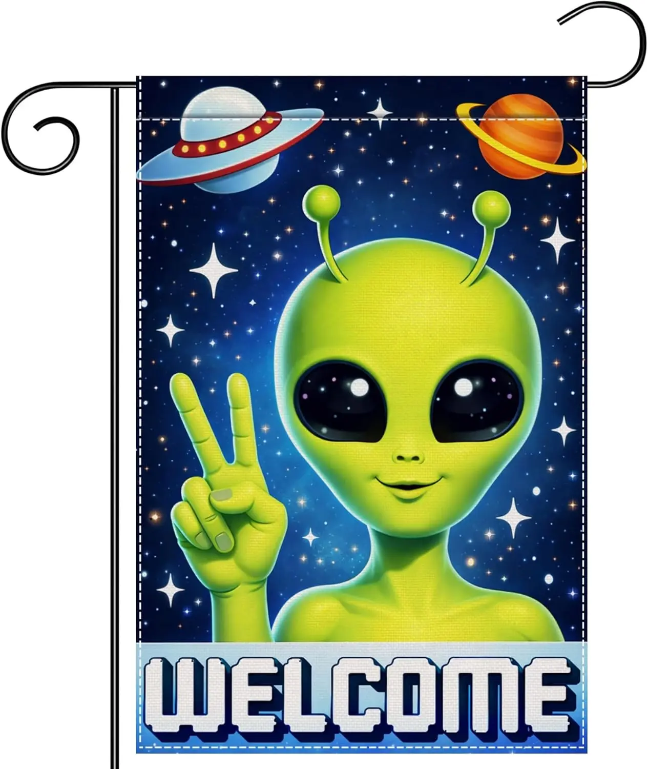 Funny Green Alien Welcome Garden Flag 12x18 Inch Double Sided Polyester Outdoor Yard Decor Space Theme jjp