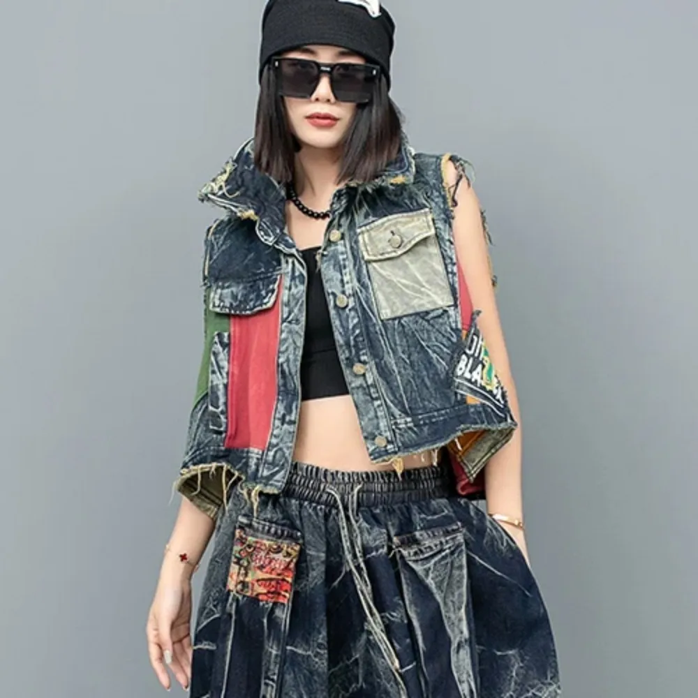 

2024 Spring Summer New Personalized Fashion Women Contrasting Color Patchwork Denim Vest LX1098