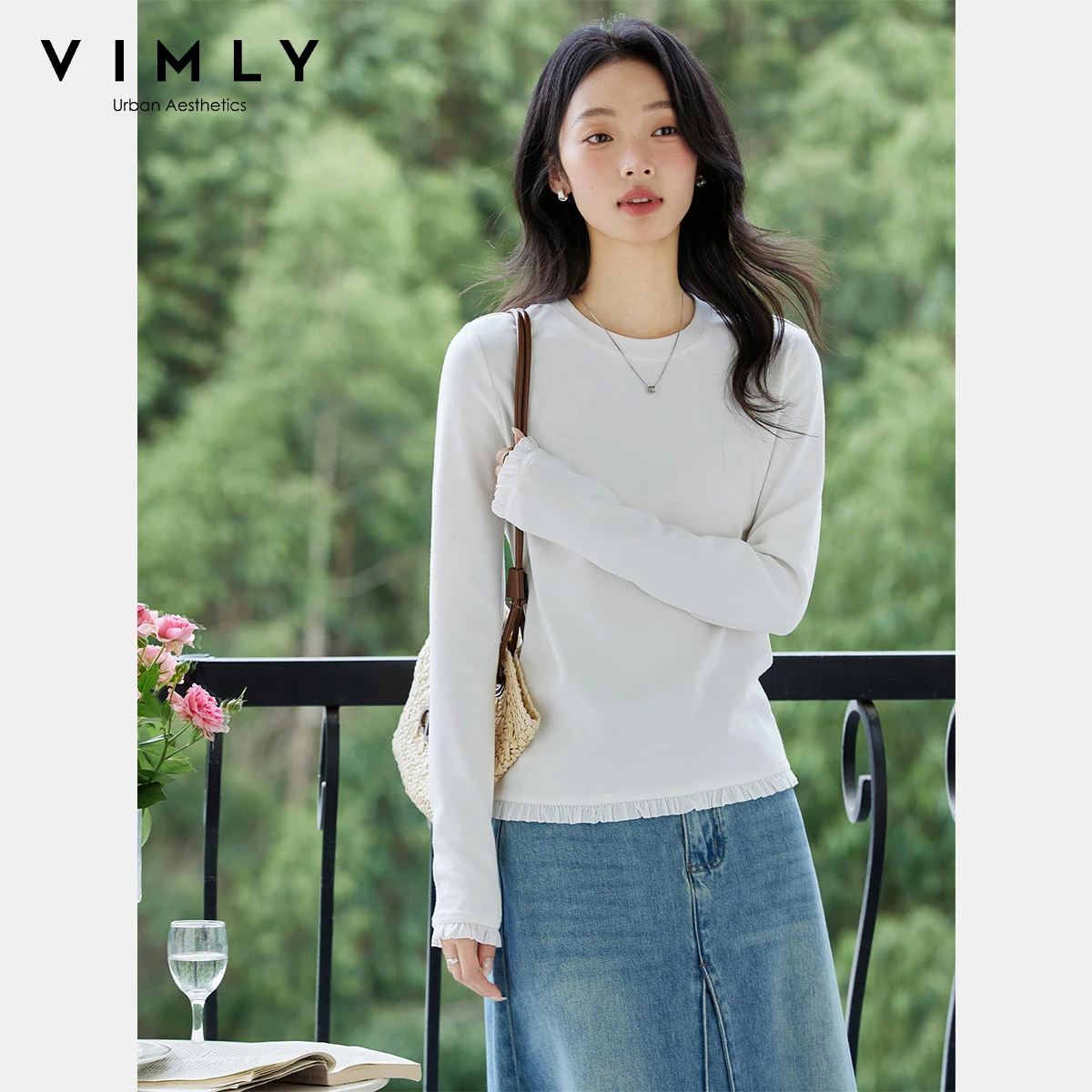 VIMLY Women's Long Sleeve T-shirts Casual Ruffle Splicing Hem Crew Neck Tops Autumn 2025 Knitted Female Tees Ladies Tops A2365