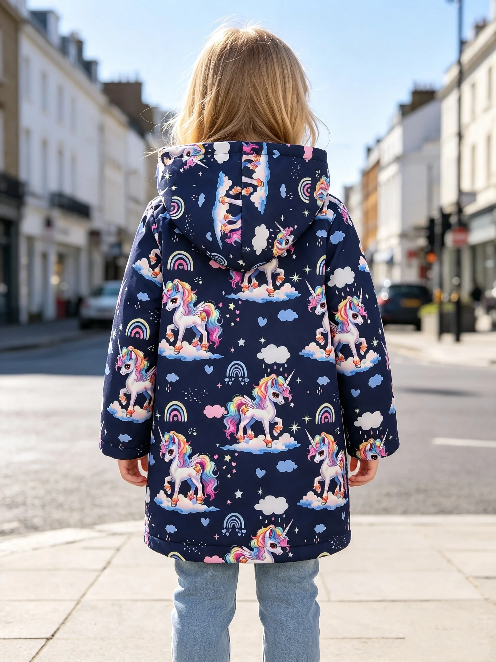 Autumn/Winter Girls' Dreamy Unicorn Princess Coat With Navy Blue Full Print Rainbow And Plush Thick Hooded Mid Length Warm Coat