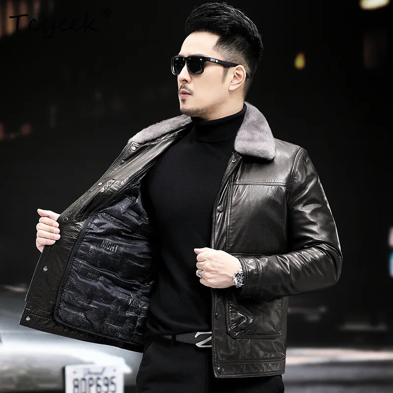 

Tcyeek Top Layer Cowhide Real Leather Jacket Men Clothing 2026 Winter Down Jacket Warm Mink Fur Collar Mens Coats Бомбер Кожаный