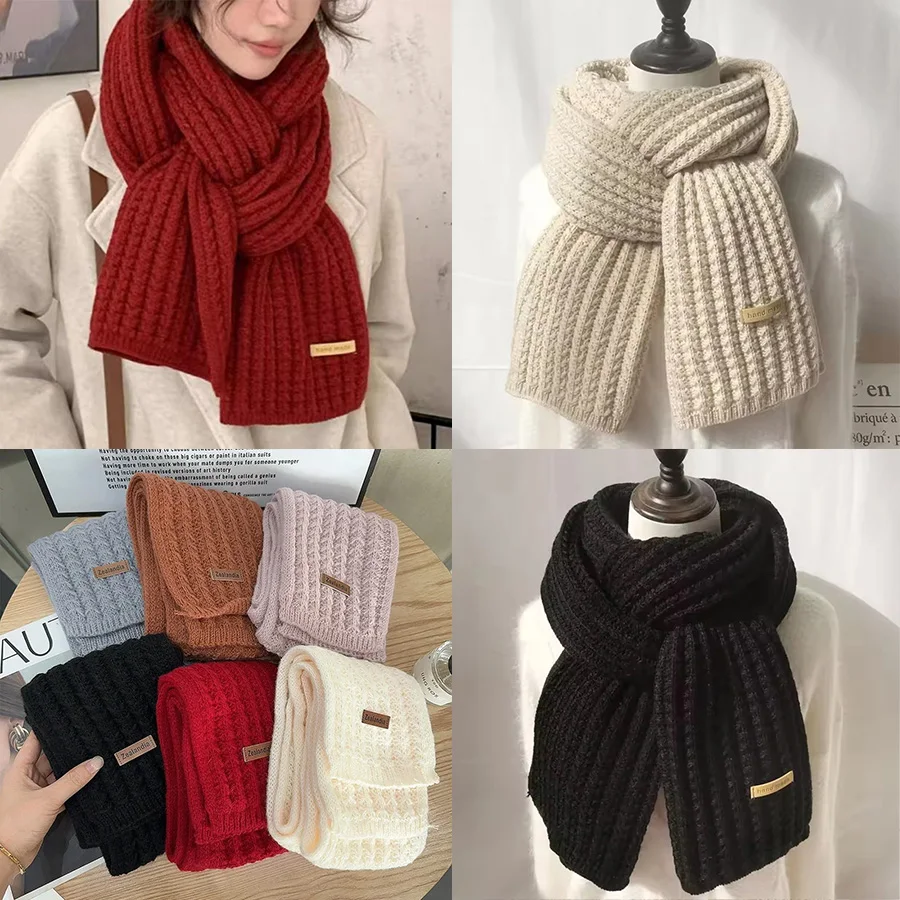 1Pc Solid Color Thick Knitted Wool Scarf Women Men Winter Warm Neck Wrap Thickened Wool Knitted Thick Fringed Shawl Daily Use