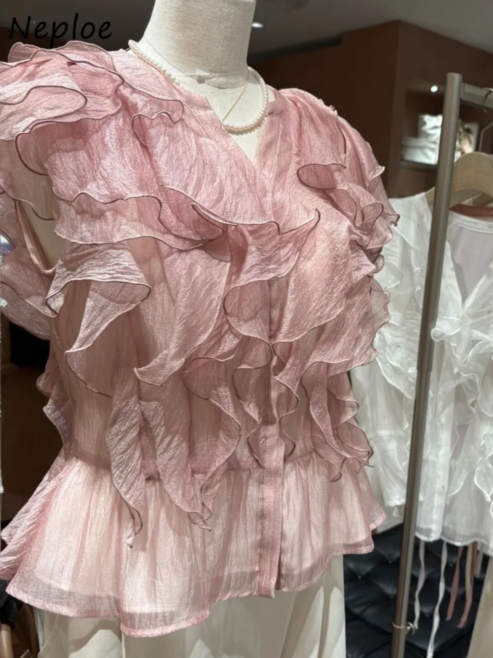 

Neploe V Neck Fresh Sweet Flying Sleeve Mujer New Fungus Slim Waist Blouses Japan All-match Elegant Ruffles Literary Blusas