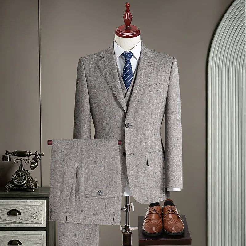 High-Quality Fashionable Handmade Half-Linen Suit Elegant Wool High-End Italian Style Three-Piece Suit Money-Suited